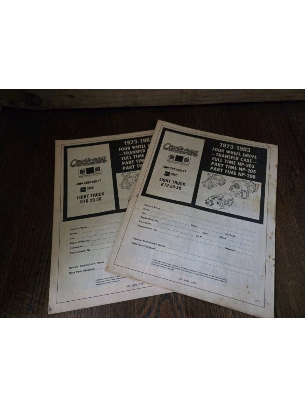 Vtg Chevrolet GMC Light Truck 1973-1983 Transfer Case Parts Forms